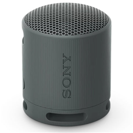 Compact black Sony SRSXB100B Wireless Speaker with rugged design, deep bass, 16-hour battery, and IP67 water resistance.