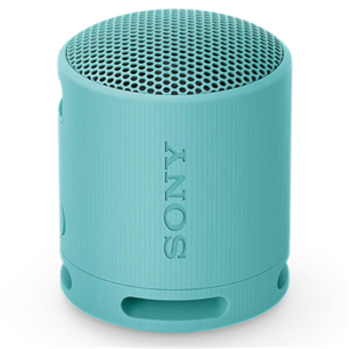 Portable blue Sony SRSXB100L wireless speaker with powerful sound, 16-hour battery, IP67 water resistance, and Bluetooth 5.3.