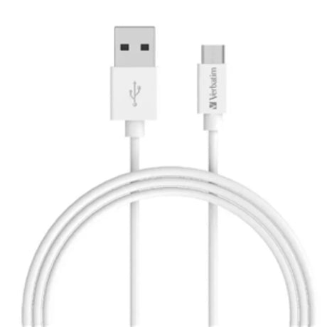 Verbatim Charge & Sync MicroUSB Cable 1m in white, supports fast charging, 480Mbps data transfer, and is compatible with all microUSB devices.