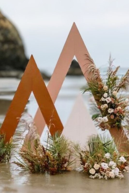 Set of 3 wedding triangular frames in white, rust, and dusty rose for elegant photo displays and decor.