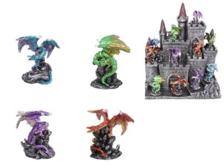 Colorful 6cm dragon ornament on castle display, pack of 48, perfect for gifts or themed decor.