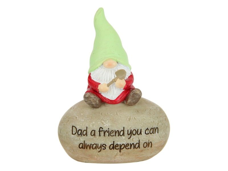 Charming 9cm garden gnome on rock with "Dad" inscription, perfect for adding whimsy to outdoor spaces; pack of 6.