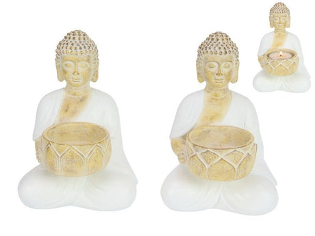 Four 14cm white Buddha tea light holders showcasing two unique designs, perfect for creating a serene ambiance.