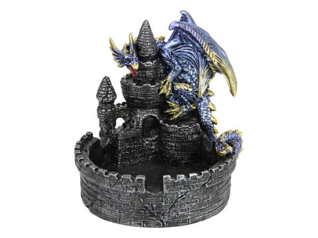 Two 14cm dragon ornaments guarding a majestic castle, perfect for fantasy decor and unique gifts.