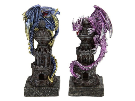 Set of 4 16cm dragon ornaments perched on towers, perfect for adding a whimsical touch to any decor.