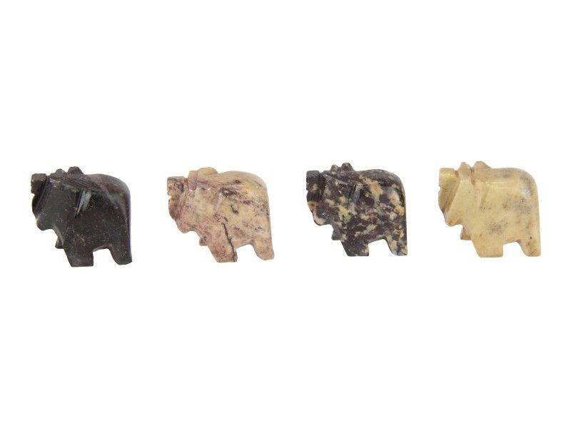 Pack of 24 eco-friendly mini soapstone elephants in 6 unique designs, perfect for decor and thoughtful gifting.