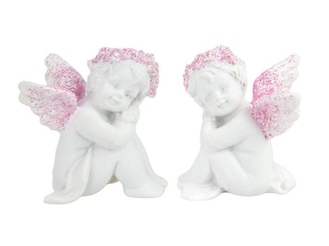 Set of 12 charming 5cm sitting cherub ornaments with pink glitter, perfect for holiday decor and festive table settings.