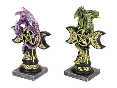 Dragon ornament on triple moon stand, 19cm tall, ideal for gothic decor, pack of 2 stylish and detailed pieces.