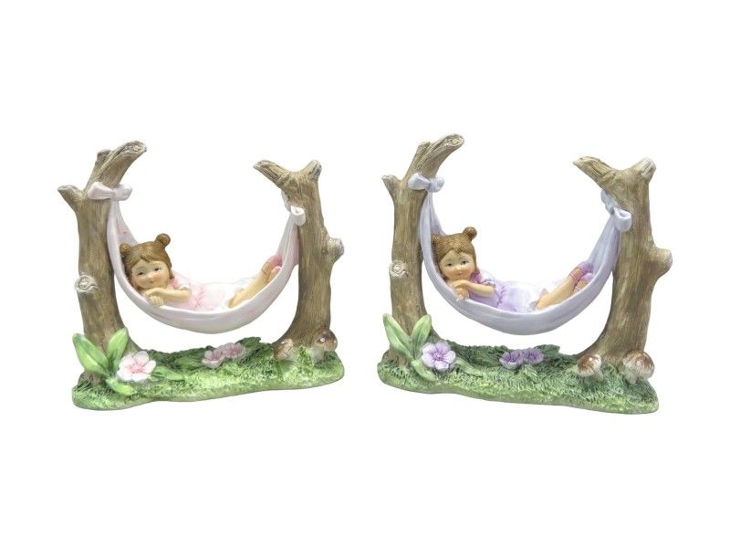 Pack of 2 enchanting 11.5cm fairy ornaments in hammocks, perfect for whimsical garden or indoor decor.