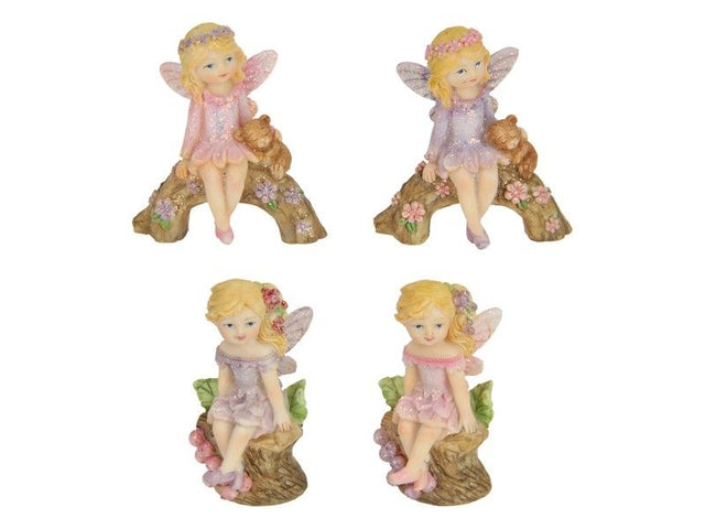 Charming 5cm fairy ornaments perched on logs, perfect for festive decor and holiday gifting. Pack of 4.