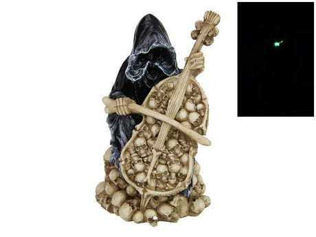 23cm Grim Reaper ornament playing cello, intricately designed for Halloween decor and unique collections.