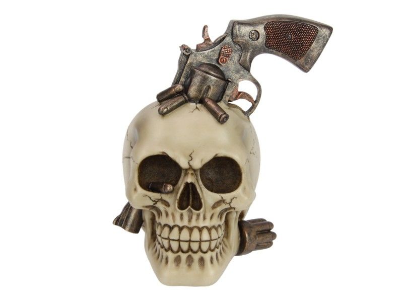 Pack of 2 unique 18cm skull ornaments featuring a gun in the head, perfect for edgy decor and conversation starters.