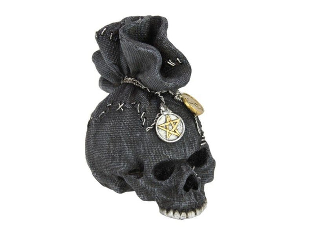 Pack of 2 Black Skull in Money Bag ornaments, 17cm tall, ideal for edgy home decor and Halloween themes.