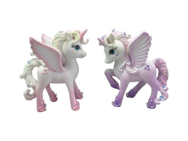 Pack of 6 colorful 9cm standing unicorn ornaments adorned with jewels, perfect for decor and gifts.