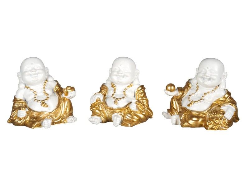 Set of 9 elegant 4cm white and gold Buddha ornaments, featuring three unique designs for serene home decor.