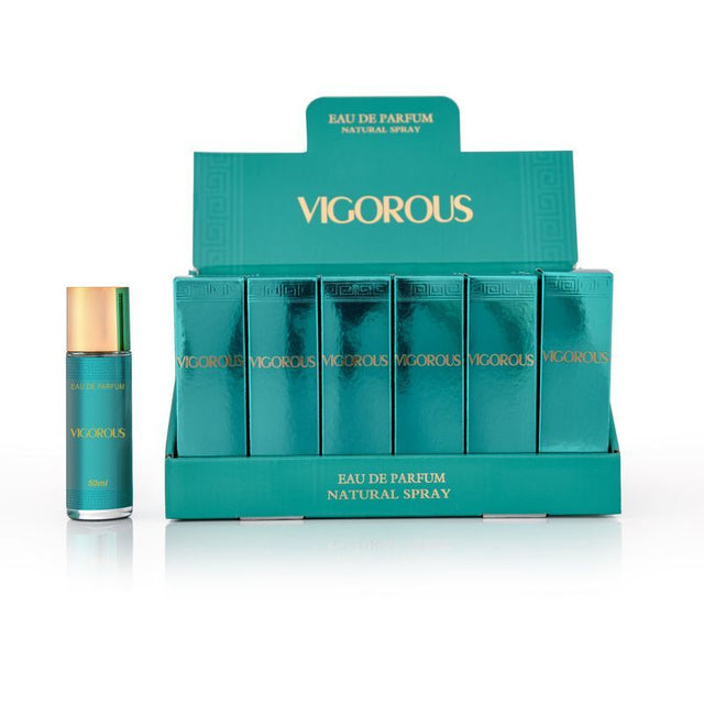 50ml bottles of Vigorous Fragrance for Men, Pack of 23, showcasing confidence and sophistication with a free tester included.