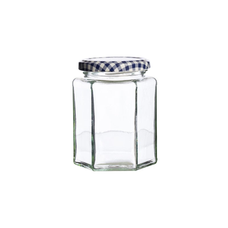 Hex twist top jar set, 280ml, ideal for herbs and preserves; features airtight lid, recycled glass, and charming design.