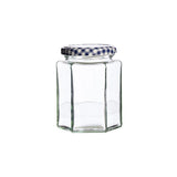 Hex twist top jar set, 280ml, ideal for herbs and preserves; features airtight lid, recycled glass, and charming design.