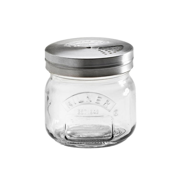 Kilner 250ml jar with shaker lid for easy dispensing of dried foods like chocolate and cheese, BPA-free and microwave safe.