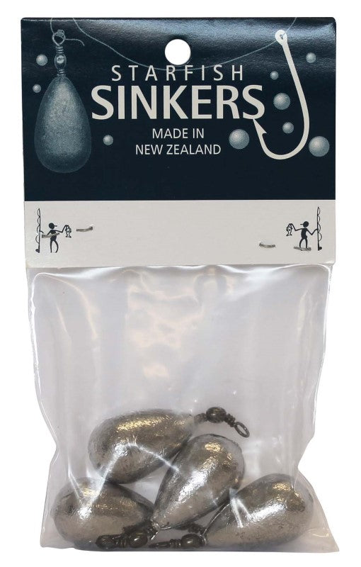 Starfish Swivel Sinker Packet: four 1.5oz clip-on sinkers for versatile fishing, designed to navigate rocks and snags easily.