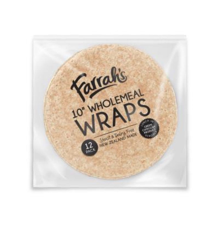 Wholemeal lunch wraps in a 12-pack, vegan and Halal-certified, perfect for healthy school lunches in New Zealand.