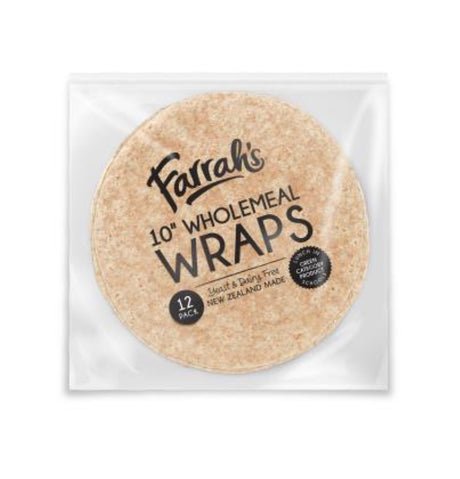 Wholemeal lunch wraps in a 12-pack, vegan and Halal-certified, perfect for healthy school lunches in New Zealand.