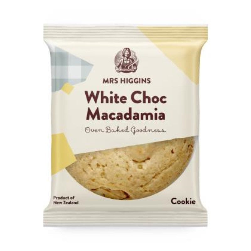 Delicious 85g cookie featuring creamy white chocolate and crunchy macadamia nuts, proudly made in New Zealand.