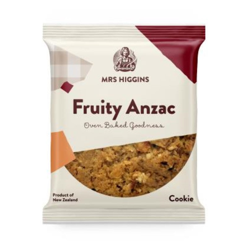 Individually packaged 85g Cookie Fruity Anzac blend of oats, apricots, sultanas, coconut, and cashews in golden syrup.