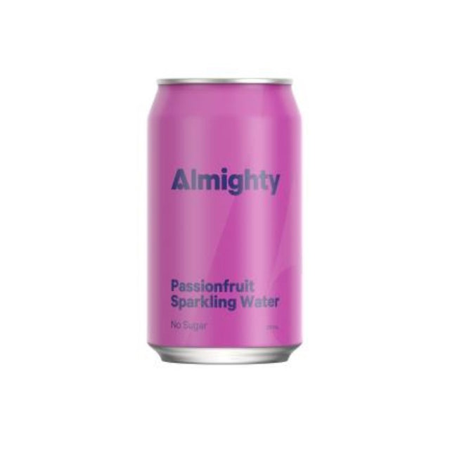 Cans of Almighty Sparkling Passionfruit Water, 330ml, 24-pack, featuring refreshing bubbles and natural fruit essence.