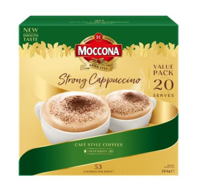 Indulge in Moccona's 20PC strong cappuccino, featuring intense flavor, creamy texture, and velvety froth.