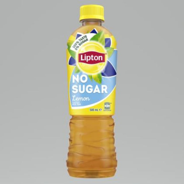 Lipton Ice Tea Lemon No Sugar pack of 12 bottles, each 500ML, offering refreshing lemon flavor without added sugars.