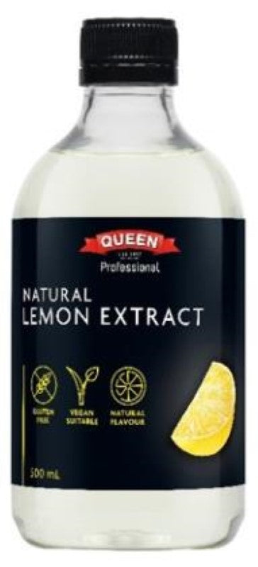 Clear 500ML bottle of Queen's Extract Natural Lemon, made from 100% Australian lemons, perfect for baking and cooking.