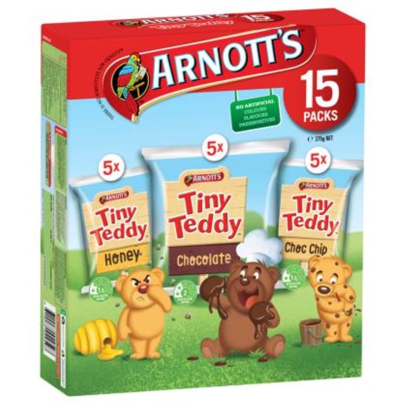 A multipack of Arnott's Tiny Teddy Biscuits (375g) in three flavors: Chocolate, Honey, and Chocolate Chip, perfect for snacking.