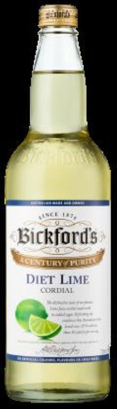 Cordial Lime Diet by Bickfords in a 750ML bottle, featuring low-calorie, sugar-free lime juice for refreshing beverages.