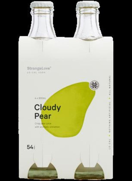 Low-calorie Cloudy Pear soda with cinnamon by StrangeLove, 300ml cans in a 6-pack, Australian crafted refreshment.