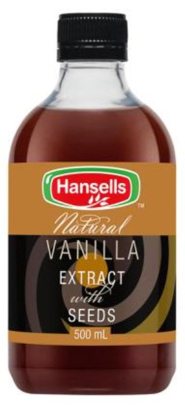 Extract Natural Vanilla With Seeds in a 500ml bottle, dark brown, syrupy liquid infused with aromatic vanilla seeds.