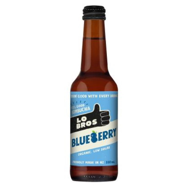 Pack of 12 Lo Bros Blueberry Kombucha bottles, each 330ml, featuring a refreshing, probiotic-rich beverage from New Zealand.