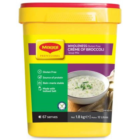 Creamy broccoli soup mix by Maggi, gluten-free, 1.8KG pack for nutritious, flavorful meals. Perfect for families and quick dining.