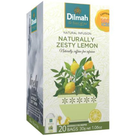 Zesty Lemon tea bags in foil envelopes by Dilmah, combining refreshing lemon and warming ginger in a 20-pack.