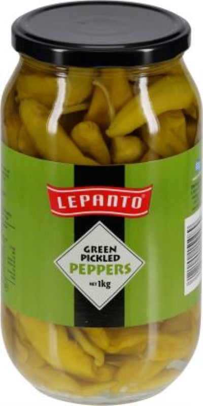 Vibrant Lepanto green pickled peppers from Greece, bursting with zesty flavor in a 1KG pack.