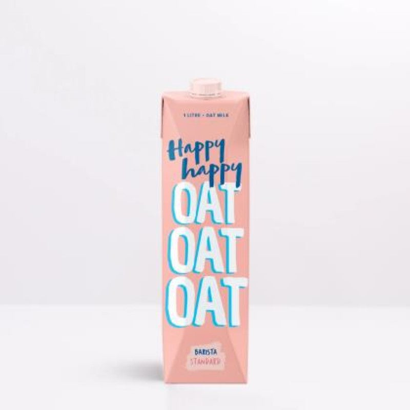 Creamy 1L Happy Happy Oat Milk designed for barista-quality lattes, gluten-free and dairy-free, perfect for frothing.