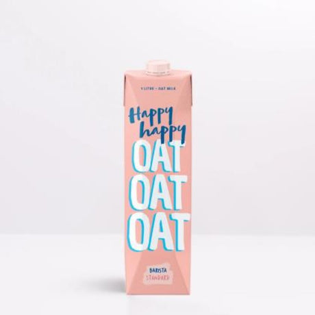 Creamy 1L Happy Happy Oat Milk designed for barista-quality lattes, gluten-free and dairy-free, perfect for frothing.