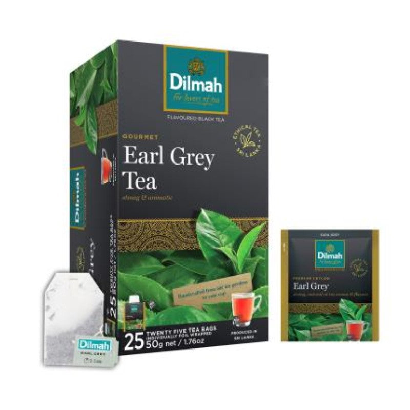 Earl Grey Tea Bags by Dilmah in foil envelopes, featuring Ceylon tea and bergamot, 25 individually wrapped for freshness.