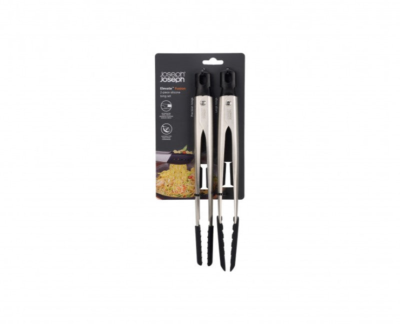 Joseph Joseph Elevate Fusion 2pc Silicone Tong Set with heat-resistant tips and lockable stainless-steel arms for versatile cooking.