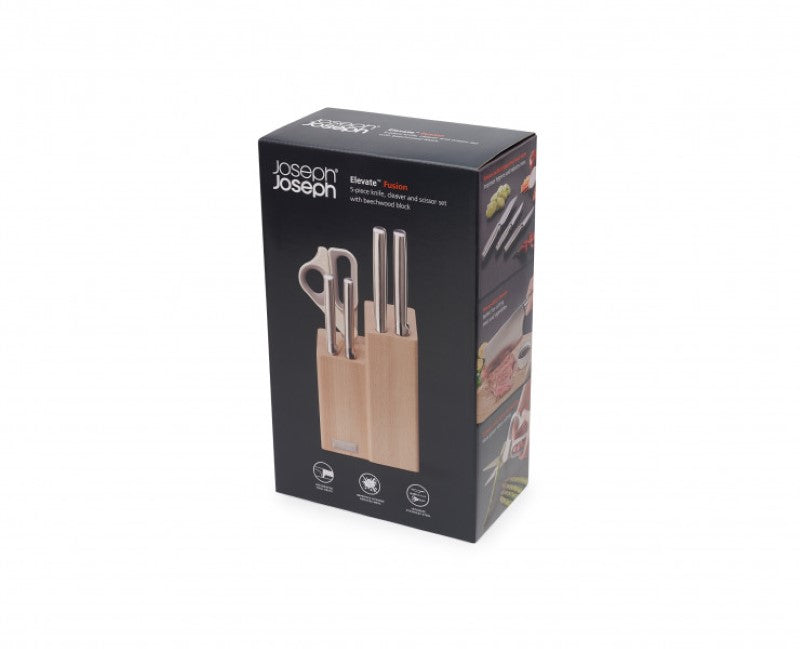 Joseph Joseph Elevate Fusion knife set with stainless-steel knives, scissors, and a stylish beechwood block for efficient cooking.