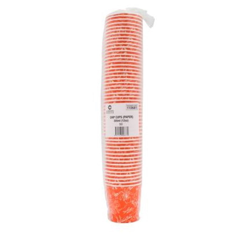 Bright 12oz paper cups designed for chips, ideal for catering and snacks, available in a pack of 50 from Caterer's Choice.