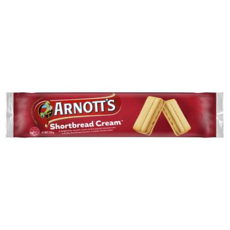 Arnott's 250G Biscuit Shortbread Creams, luxurious cream-filled biscuits perfect for tea or coffee indulgence.