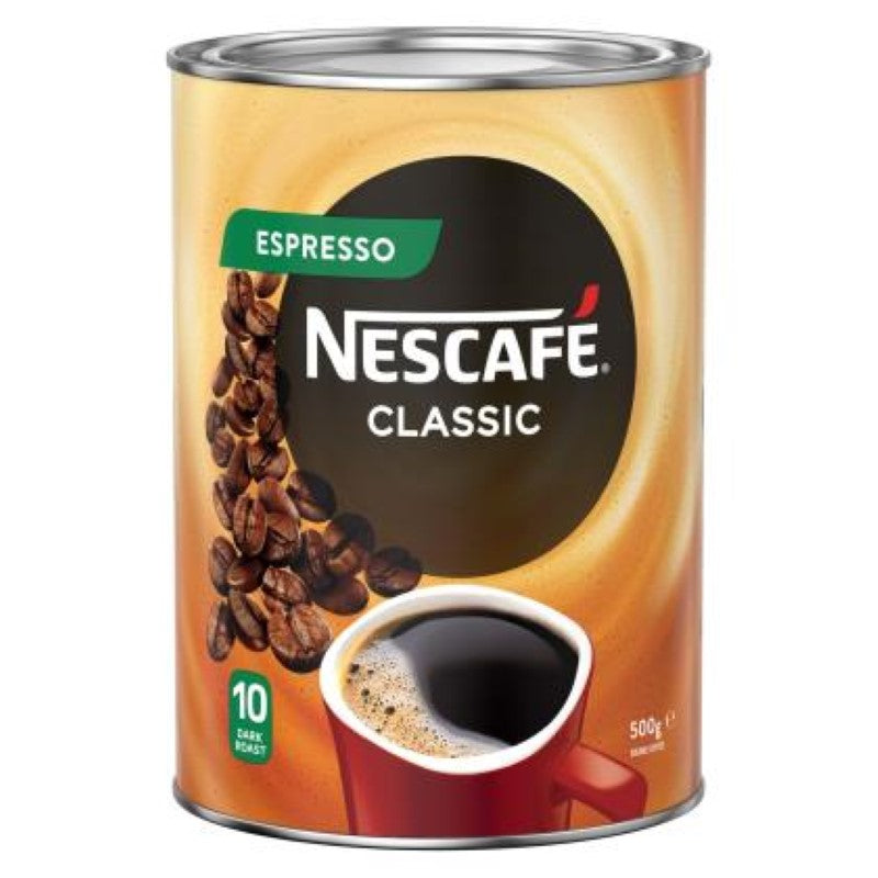 Nescafe 500g Espresso coffee granules, delivering rich, dark flavor for an effortless brewing experience.