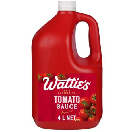 Wattie's 4L Tomato Sauce bottle, featuring a convenient handle for easy pouring and ideal for enhancing hearty meals.