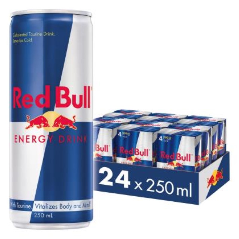 Four 250ml cans of Red Bull energy drink, ideal for boosting energy and concentration during busy moments.